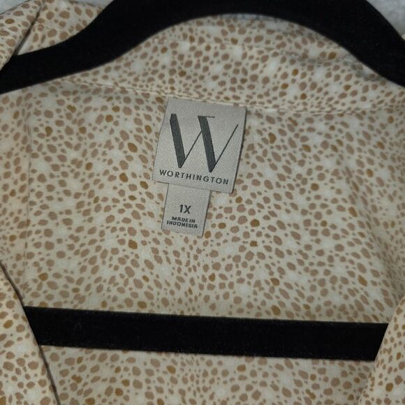 Worthington Spotted Button-Down Blouse Women’s 1X Neutral Tan Print - Picture 14 of 16